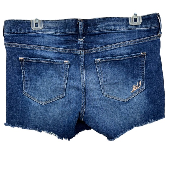 Express Shortie Mid Rise Denim Shorts Dark Wash Raw Edge Size 8 Hippie S… - Picture 2 of 11